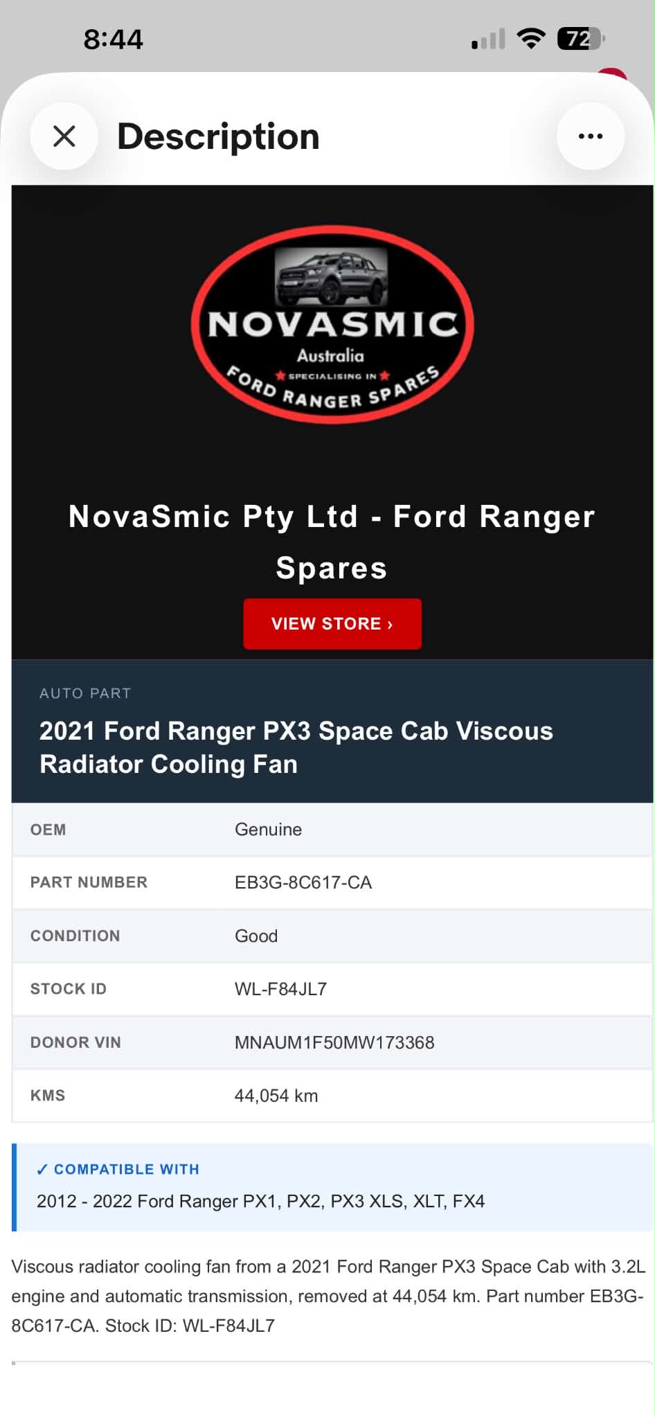 A WreckLog-generated eBay listing for a 2021 Ford Ranger PX3 viscous radiator cooling fan, showing part number, condition, stock ID, donor VIN and vehicle compatibility — posted straight to eBay